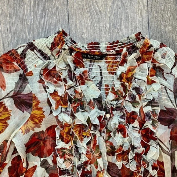 Zara Women’s Blouse Fall Leaf Ruffle Long Sleeve Peasant Flutter Sleeve Sheer M - Picture 6 of 16